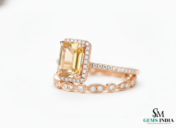 Luxury Emerald Cut Double Band Citrine Ring with Diamond Halo