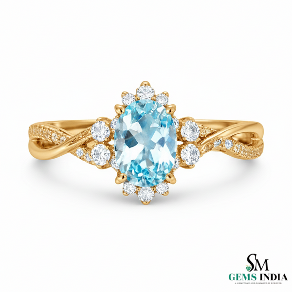 Natural Aquamarine Oval Diamond Ring - Twisted Gold Band