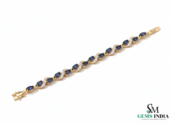 Elegant Oval Blue Sapphire and Diamond Tennis Bracelet - Gift For her