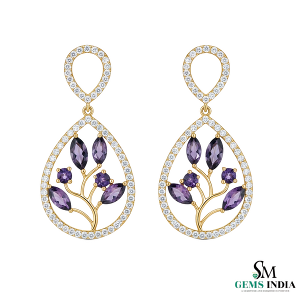 Marquise and Round Natural Tanzanite Diamond Teardrop Dangle Earrings – Elegant Gold Jewelry