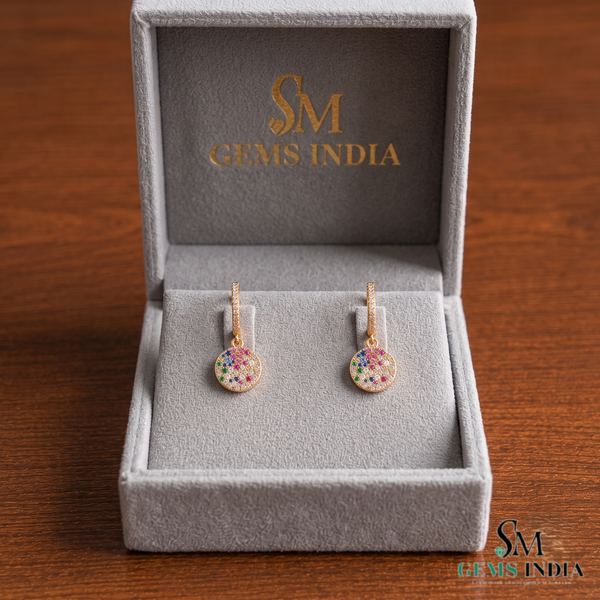 Multi-Color Sapphire & Diamond Disc Drop Hoop Earrings - Rainbow Gemstone Fine Jewelry for Women