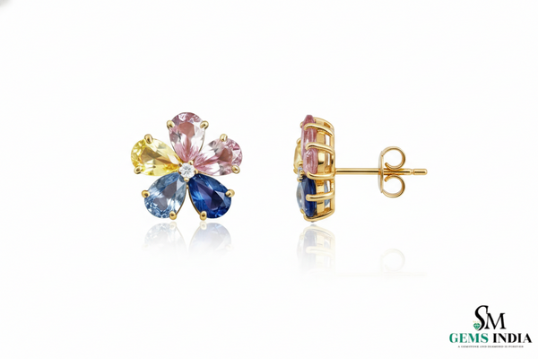 Multicolor Sapphire & Gemstone Flower Stud Earrings – Floral Diamond Accent Earrings for Women