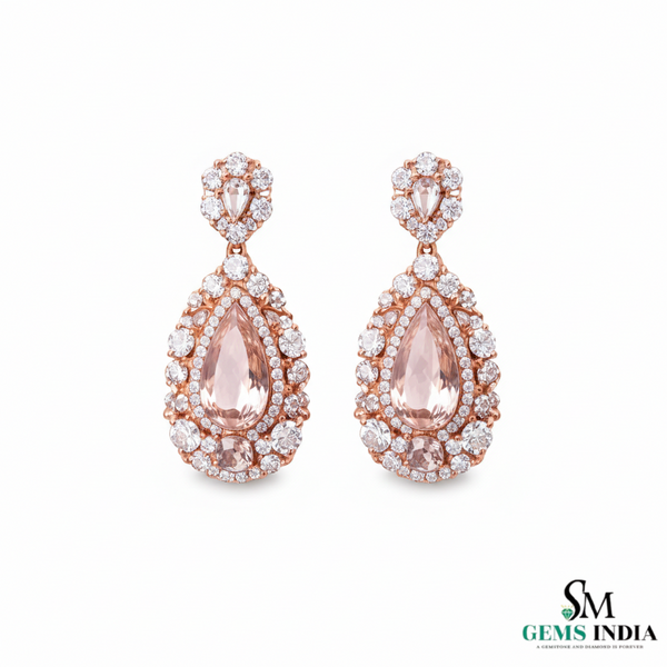 Elegant Pear Morganite Diamond Cluster Drop Earrings - Wedding guest jewelry