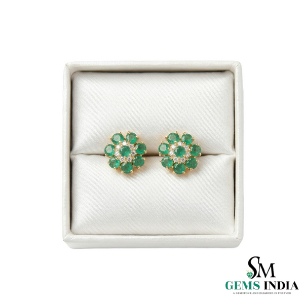 Luxury Round Emerald Cluster Stud Earrings – Diamond Floral Fine Jewelry