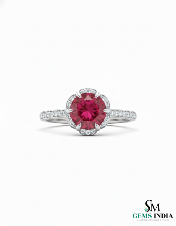Round cut Natural Ruby Engagement Ring with Diamond Halo in 14k and 18k Gold