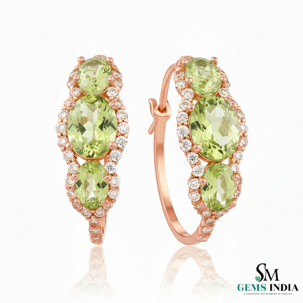 Elegant Oval Peridot & Diamond in 14k and 18kGold Hoop Earrings