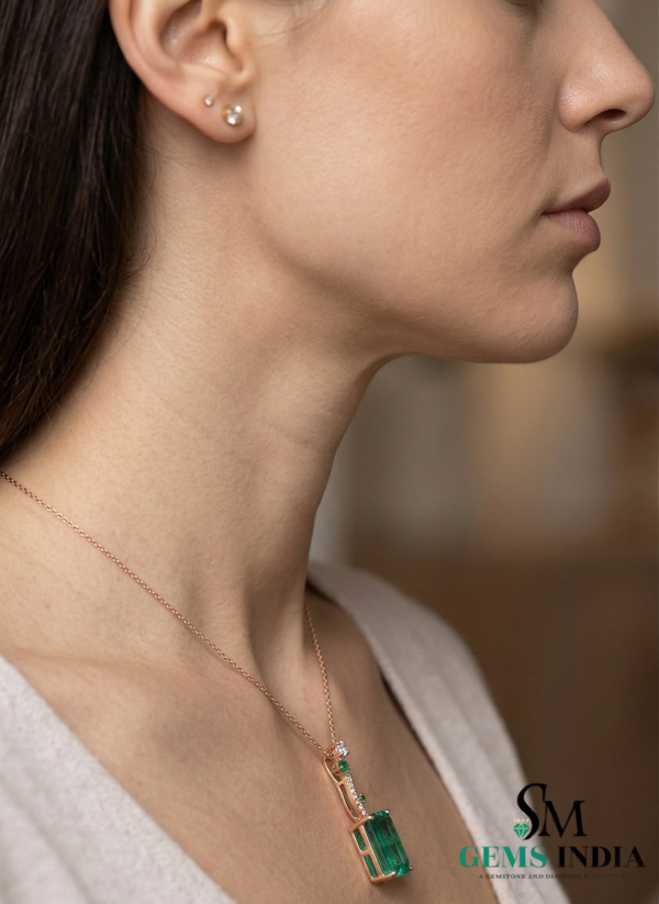 Elegant Emerald Birthstone Pendant for Women-Baguettes Green Emerald & Diamond Pendant