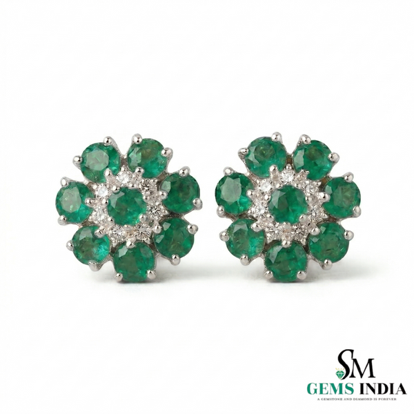 Luxury Round Emerald Cluster Stud Earrings – Diamond Floral Fine Jewelry