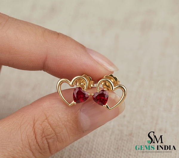 Heart Shaped Natural Ruby Stud Earrings - Valentine Gift for Her