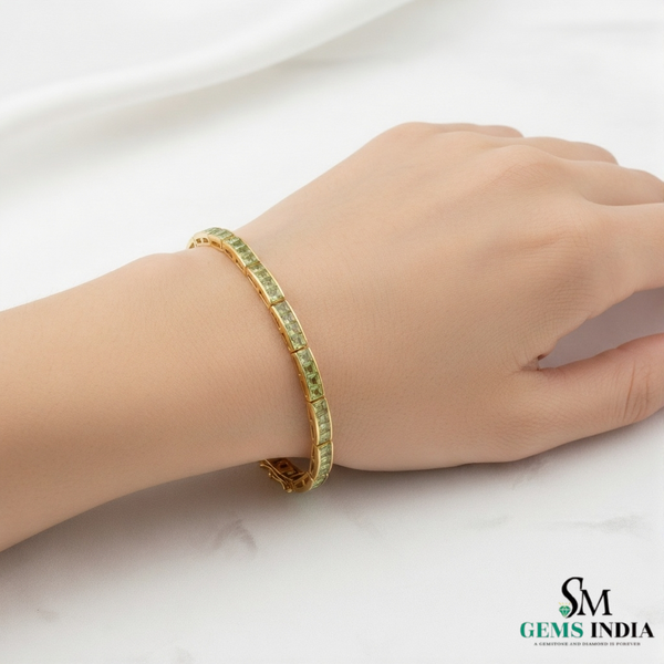 Luxury Green Peridot Square Cut Gemstone Link Bracelet for Women