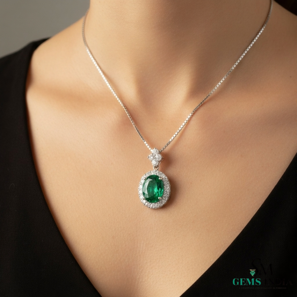Oval Cut Natural Emerald Pendant with Diamond Halo Gemstone pendant for women