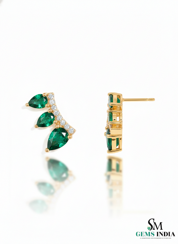 Pear Shape Emerald & Diamond Curved Bar Stud Earrings