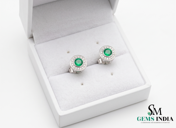 Round Natural Emerald & Diamond Halo Stud Earrings Fine White Gold Jewelry