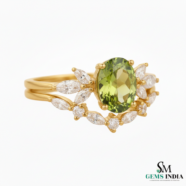 Natural Oval Peridot Diamond Floral Ring - Nature Inspired Gold Ring