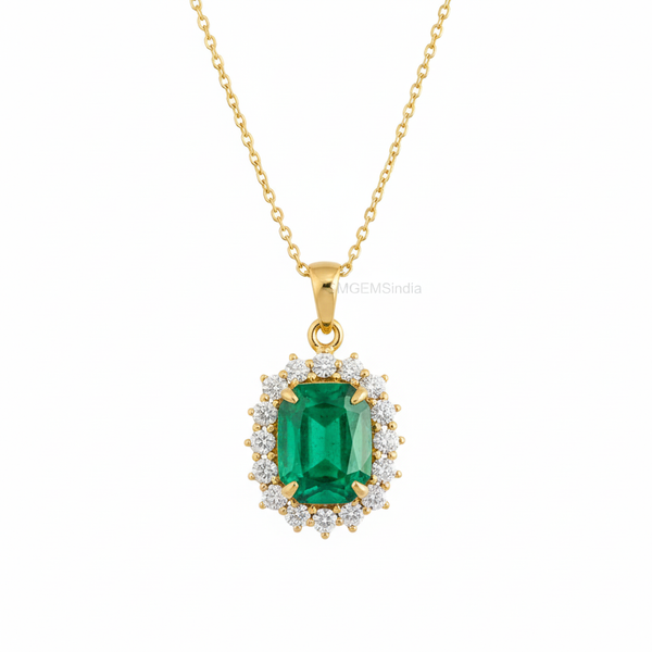 Natural Cushion Emerald Necklace in 14K Gold Diamond Halo Pendant for Her