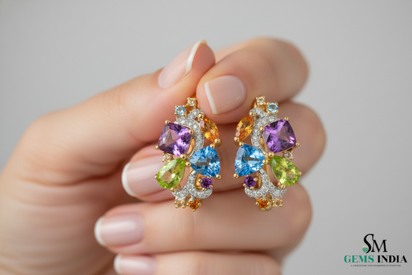 Colorful Cluster Gemstone Huggie Earrings in 14k Gold – Statement Hoops