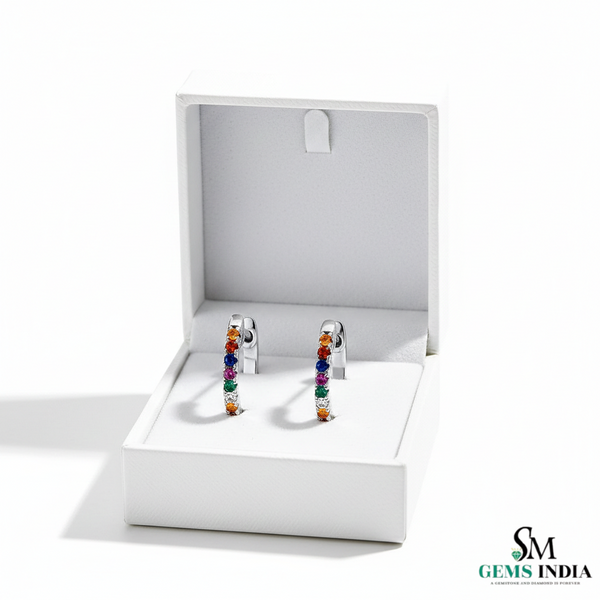 Round Rainbow Multi Gemstone Huggie Hoop Earrings - Fine Gemstone Jewelry