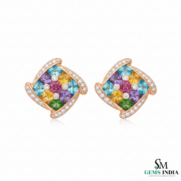 Multicolor Sapphire Cluster Earrings with Diamond Halo - Colorful gemstone earrings