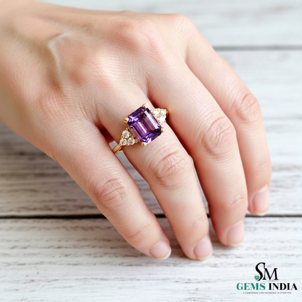 Emerald Cut Amethyst & Diamond Ring Gold Luxury Jewelry