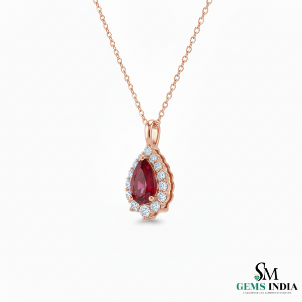 Pear Cut Natural Ruby and Diamond Halo Pendant in 14K gold
