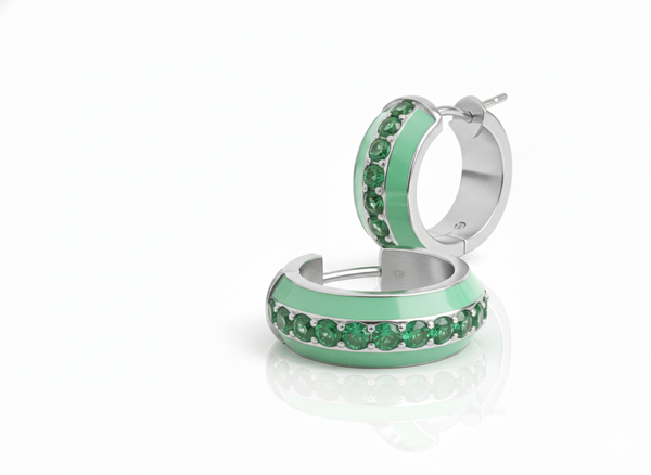 Green Enamel Huggie Hoop Earrings with Sparkling Green Stones Round Green Gemstones