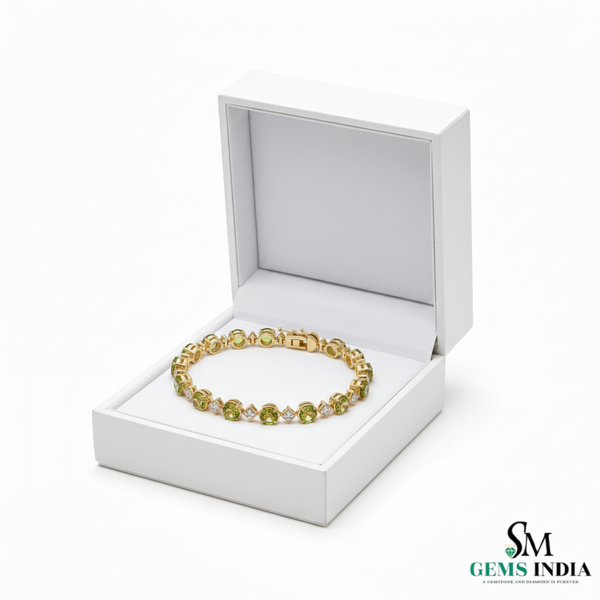 Natural Peridot & Diamond Tennis Bracelet - Elegant Green Gemstone Bracelet
