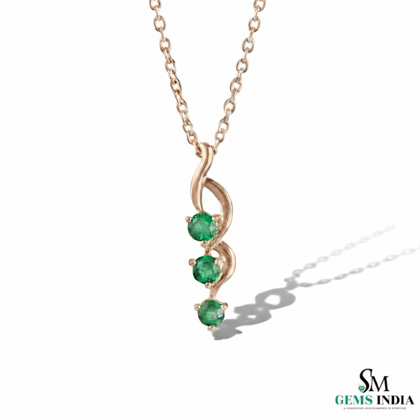 Three Stone Green Emerald Drop Twist Pendant - Halo Gemstone Pendant