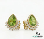 Pear Cut Peridot Stud Earrings with Diamond Halo - Elegant Gold Jewelry