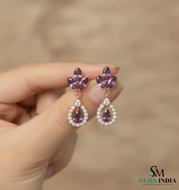 Marquise Cut and Pear Amethyst & Diamond Earrings Anniversary Gift for her