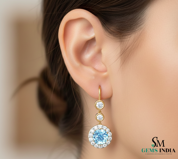 March Birthstone Round Aquamarine Diamond Drop Earrings – Fine Gold Jewelry