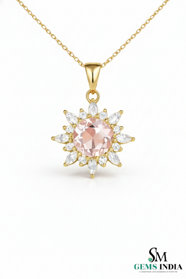 Round Pink Morganite & Diamond Halo Pendant - Morganite Diamond Pendant