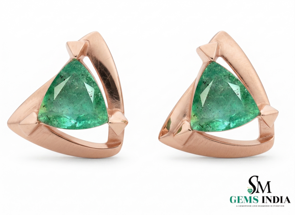 Trillion Cut Triangle shape Natural Emerald Stud Earrings in 14k gold Bold Geometric Earrings