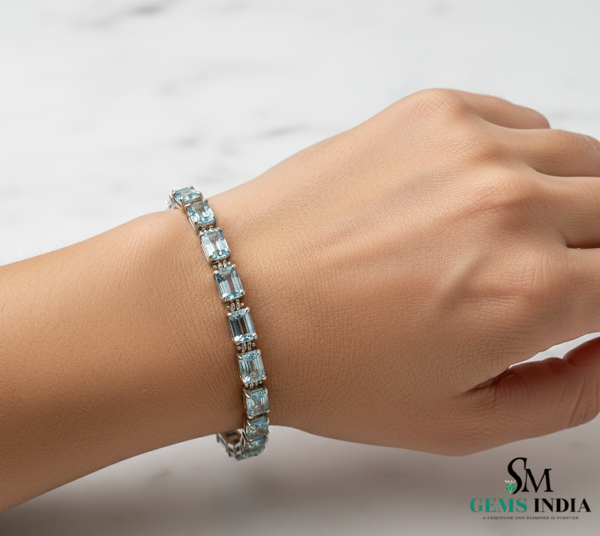 Emerald Cut Aquamarine Tennis Bracelet - Timeless Elegance Design