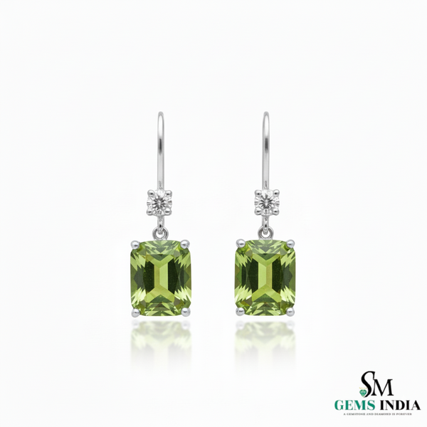 Emerald Cut Natural Peridot Diamond Dangle Earrings - Fine Jewelry Earrings