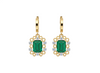 Gold Drop Earrings with Emerald cut Natural Green Stone &amp; Sparkling Halo