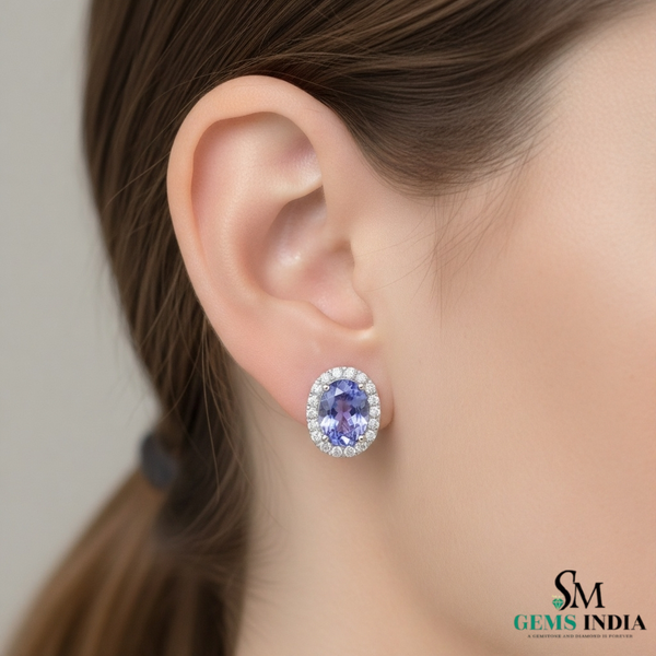 Minimal Oval Cut Tanzanite Halo Stud Earrings in 18k Gold