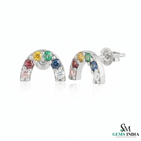 Multicolor Sapphire Rainbow Arch Stud Earrings – Diamond Accent Minimalist Curve Earrings for Women