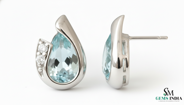 Pear Cut Aquamarine Diamond Stud Earrings in 14k and 18k Gold – March Birthstone