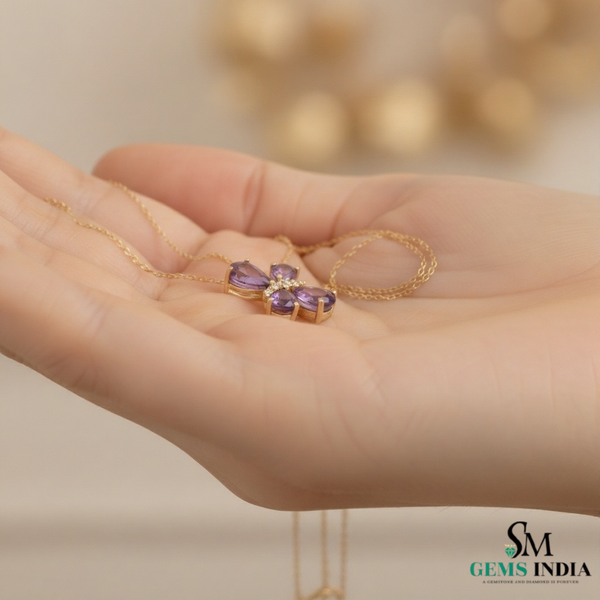Statement Pear Amethyst and diamond Butterfly Pendant in 14k and 18k Gold Fine Jewelry