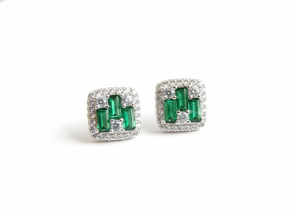 Natural Emerald Baguette & Diamond 18k Gold Stud Earrings Green Gemstone