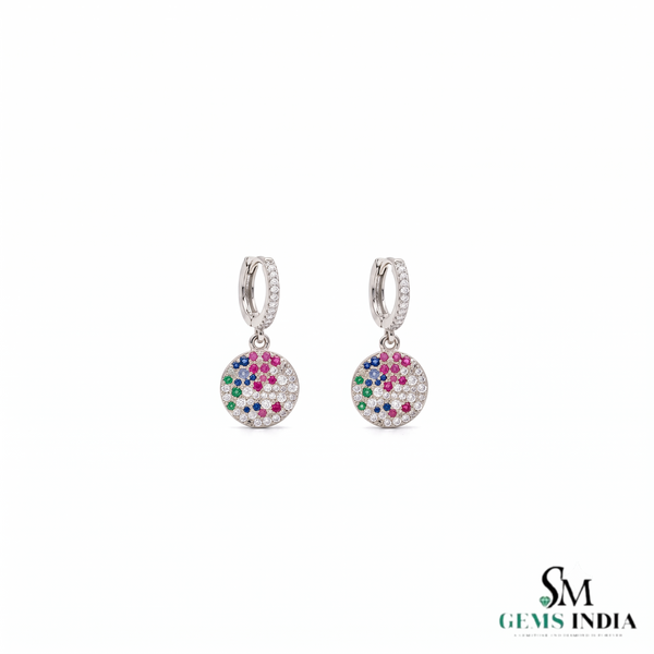 Multi-Color Sapphire & Diamond Disc Drop Hoop Earrings - Rainbow Gemstone Fine Jewelry for Women