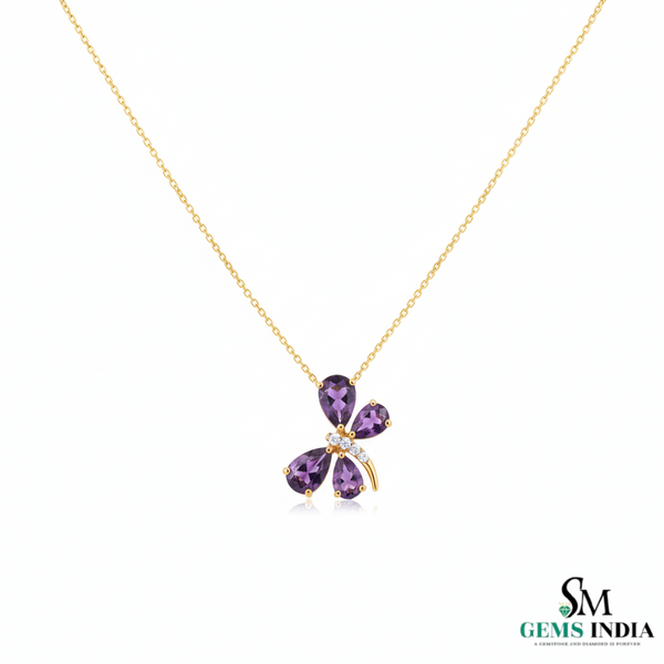 Statement Pear Amethyst and diamond Butterfly Pendant in 14k and 18k Gold Fine Jewelry