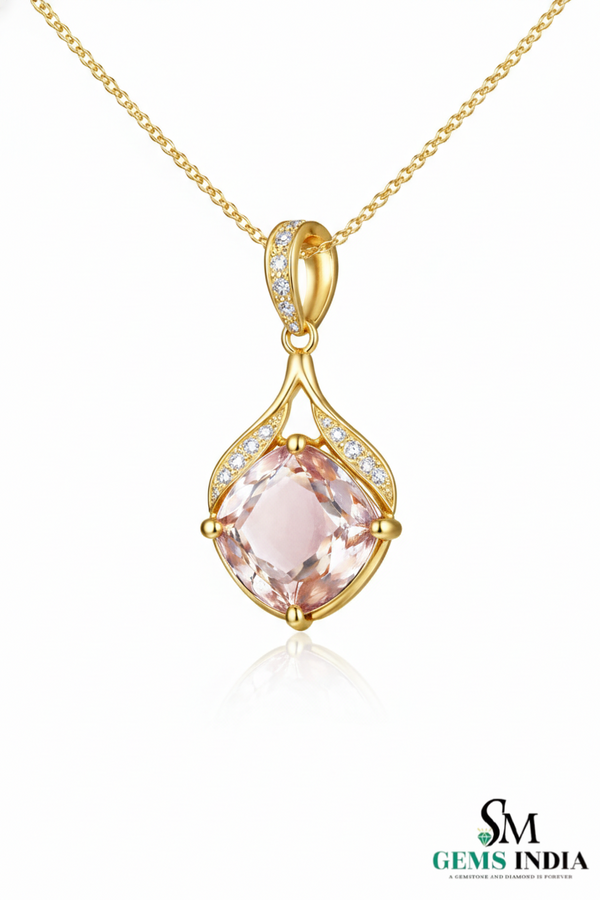 Cushion Pink Morganite & Diamond Rose Gold Cluster Pendant for Women