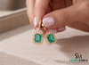 Gold Drop Earrings with Emerald cut Natural Green Stone &amp; Sparkling Halo