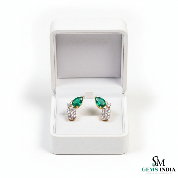 Pear Cut Emerald & Diamond Cluster Stud Earrings - Green Gemstone Jewelry