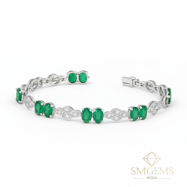 Oval Shape Natural Emerald Diamond Tennis Bracelet Green Gemstone Jewelry