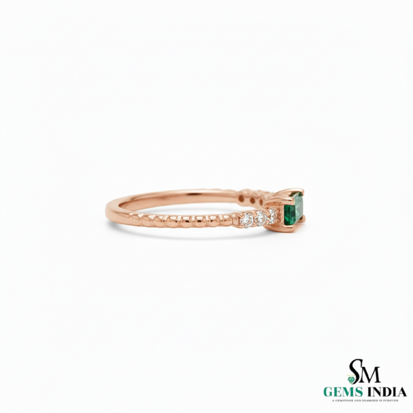 Mini Style Natural Emerald Baguette And Diamond Gift Ring - 14K Solid Gold Women Real Emerald Ring