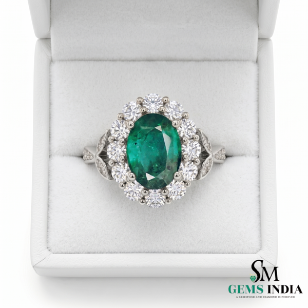2.50 carat Oval Cut Emerald and Diamond Halo Ring in 14K Gold Vintage Engagement Ring