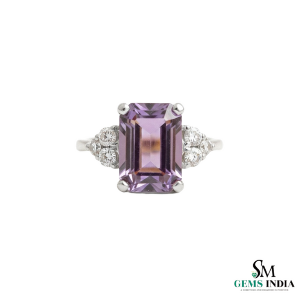 Emerald Cut Amethyst & Diamond Ring Gold Luxury Jewelry