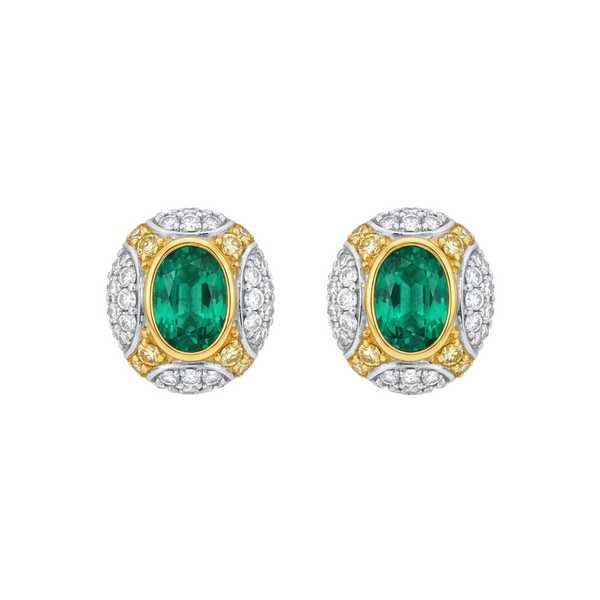 Luxury Design Vintage Oval Natural Emerald & Diamond Cluster Stud Earrings in 14k gold